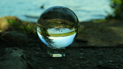 lake panorama captured in a crystal lensball