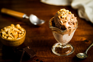 food, bowl, meal, diet, chocolate, white, snack, milk, sweet, spoon, brown, plate, dessert, ingredient, dish, table, Ice cream, Ice-cream, Gelato, Peanuts, Peanut butter, Chocolate, Scoops, Topping, D