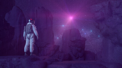 Fototapeta na wymiar Astronaut In Dark Rocky Landscape Lookingt Into Starry Sky | Science Fiction / Retrowave / Synthwave | 3D Render Illustration 8K 