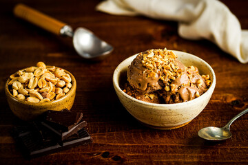 food, bowl, meal, diet, chocolate, white, snack, milk, sweet, spoon, brown, plate, dessert, ingredient, dish, table, Ice cream, Ice-cream, Gelato, Peanuts, Peanut butter, Chocolate, Scoops, Topping, D