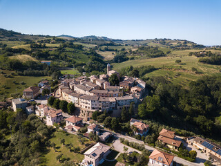 Italy, May 2021. Aerial view of the medieval village of Serrungarina in the province of Pesaro and...