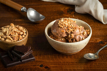 food, bowl, meal, diet, chocolate, white, snack, milk, sweet, spoon, brown, plate, dessert, ingredient, dish, table, Ice cream, Ice-cream, Gelato, Peanuts, Peanut butter, Chocolate, Scoops, Topping, D