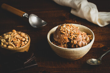 food, bowl, meal, diet, chocolate, white, snack, milk, sweet, spoon, brown, plate, dessert, ingredient, dish, table, Ice cream, Ice-cream, Gelato, Peanuts, Peanut butter, Chocolate, Scoops, Topping, D