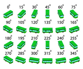 A set of 24 bus from different angles. Animation of the rotation of a green bus by 15 degrees. 