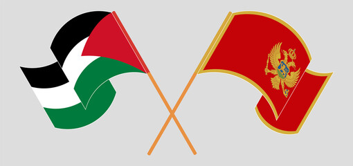 Crossed and waving flags of Palestine and Montenegro