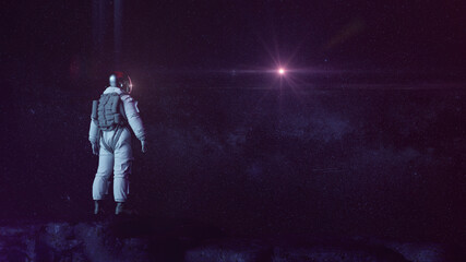 Astronaut In Dark Rocky Landscape Lookingt Into Starry Sky | Science Fiction / Retrowave / Synthwave | 3D Render Illustration 8K  - obrazy, fototapety, plakaty
