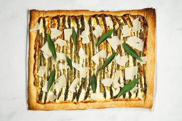 Asparagus tart with fresh tarragon and Parmesan cheese