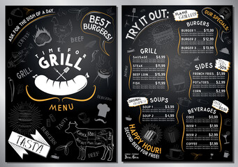 Grill, barbecue menu template - A4 card (burgers, grill, sides, soups, drinks) - obrazy, fototapety, plakaty