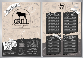Steakhouse, grill menu template - A4 card (appetizers, grill, soups, drinks) - obrazy, fototapety, plakaty