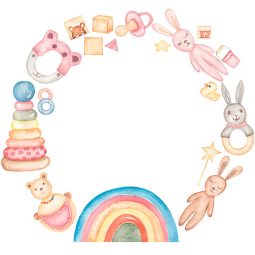 Baby Toys Wreath Clipart, Watercolor Kids Frame, Vintage Nursery Eco toys illustration, Newborn Teething Toy clip art, Card printing, rainbow clip art, Baby Shower graphics