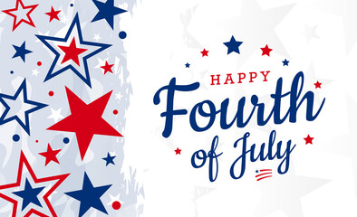 Fototapeta premium Happy Fourth of July trendy lettering design with stars on watercolor with red-blue color stars background.