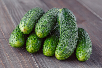 Cucumber on brown wood texture background.Cucumbers harvest in summer. Cucumbers for salads or canning. Summer vegetables. Organic agriculture in village.