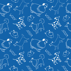 Vector seamless pattern with cartoon doodle style dogs collie, bobtail, dachshund, dalmatian. White outlines, blue background. For wrapping paper, fabrics, prints,kids textile.Bright animal design