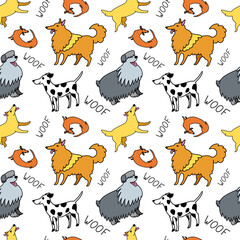 Vector seamless pattern with cartoon doodle style dogs collie, bobtail, dachshund, dalmatian. White background. For wrapping paper, fabrics, prints,kids textile.Bright animal design