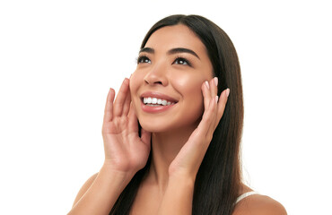 Young Asian woman with clean healthy glowing skin isolated on white background. Facial skin care...