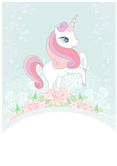 Cute unicorn, doodle illustration - decorative pastel card