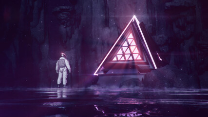 Astronaut In Dark Rocky Landscape Lookingt With Neon Glowing Pyramid | Science Fiction / Retrowave / Synthwave | 3D Render Illustration 8K 