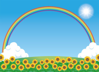 夏のイメージのイラスト自然背景素材　向日葵ヒマワリ畑と青空と白い雲と大きな虹レインボー