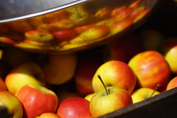 Apfel Kiste mit Chrom Schüssel auf dem Bio Markt