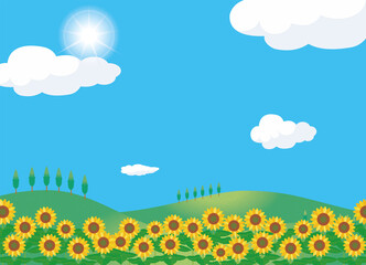 夏のイメージのイラスト自然背景素材　向日葵ヒマワリ畑と青空と白い雲入道雲