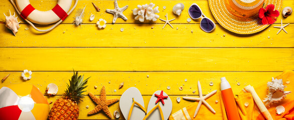 Yellow Beach Background With Accessories On Wooden Table