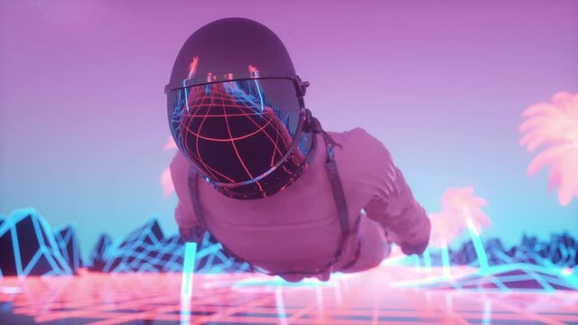 Astronaut surrounded by flashing neon lights. Music and nightclub concept. Retro 80s style synthwave background