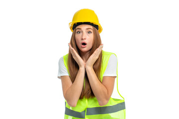 Young beautiful woman with red hair in helmet at studio