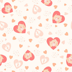 Print with hearts and baby feet who hold the parent's hands. Seamless pattern for baby design. Vector