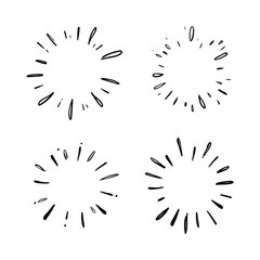Star burst hand drawn doodles. Sunburst graphic design set. Handmade radial starburst illustrations.