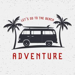 Travel Surfing Concept Vector Summer Surfing retro icon. Beach surfer emblem, outdoor banner, vintage background. Boards, retro car