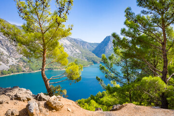 Dam lake in Green Canyon. Beatiful View to Taurus Mountains and turquoise water. Coniferous forest...