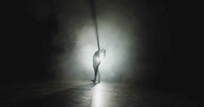 Silhouette of graceful female ballerina dancing in textured smoke in spotlight, modern ballet performance