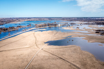 The Church of the Intercession on the Nerl River (Pokrova na Nerli) aerial view from drone,...