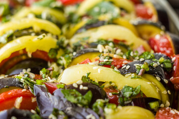 Ratatouille Diet Vegetarian Vegan Food - A traditional French Provencal vegetable dish, raw ingredients for baking in the oven, macro photo.