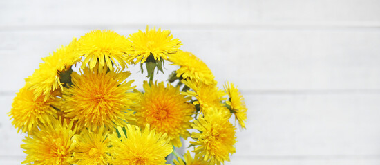 bouquet of yellow dandelions on a white wooden background, top view