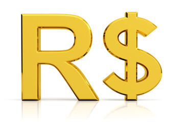 Golden real symbol isolated on white background.