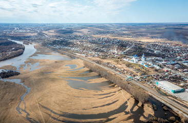Aerial panorama of fields with the flooded rivers Klyazma and Nerl. Spring landscape near Vladimir, Rusiia.
