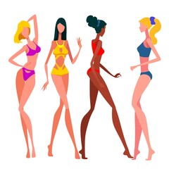 Brunette and blond girls in bathing suits. Tropical vacation and people silhouettes.