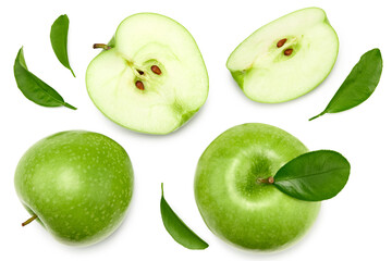 green apple with slices isolated on a white background. top view. clipping path