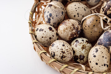 fresh quail eggs on a white acrylic background
