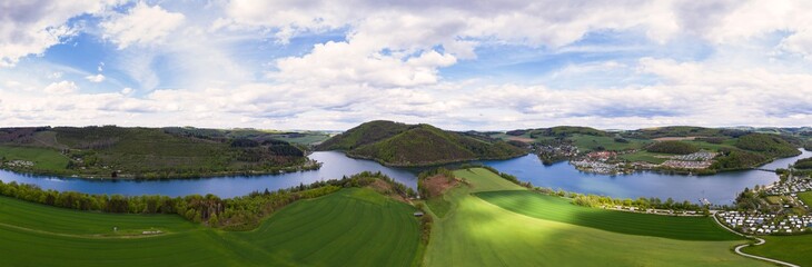 the Diemelsee lake in hesse germany from above as a high definition panorama