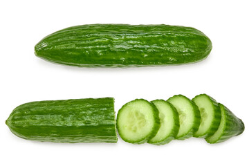 cucumber with slices isolated on white background. clipping path. top view