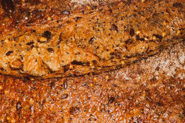 Slice of rustic natural yeast-free bread with flax, poppy seeds, sesame seeds, millet, pumpkin and sunflower seeds, on a black background, hard light, photo in a low key, close up.
