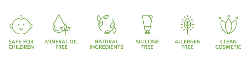 Organic and natural cosmetic line icons. Skincare symbol. Allergen free badges. Beauty product. Clean cosmetic. Non toxic logo. Eco, vegan label. Safe for children. Vector illustration