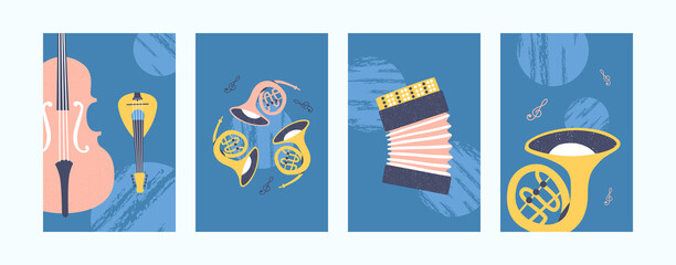 Illustrations for art or music concept in pastel colors. Music instruments in creative style. Accordion, violin and pipe on saturated blue background. Can be used for banners, website designs © PCH.Vector