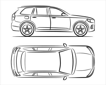 Modern suv car abstract silhouette on white background. Raster copy line art. Vehicle icons set view from side and top