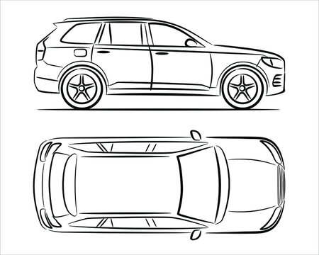 Modern suv car abstract silhouette on white background. Vector line art. Vehicle icons set view from side and top.