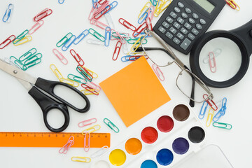 school supplies on a white background, copy space