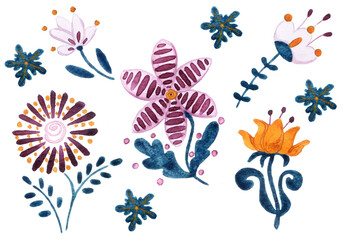 Fototapeta na wymiar Watercolor hand draw spring flowers orange and purple
