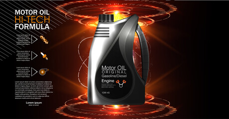 Motor oil canisters and car oil isolated on white background. Auto service and car maintenance concept. Engine oil advertisement background. 3d illustration